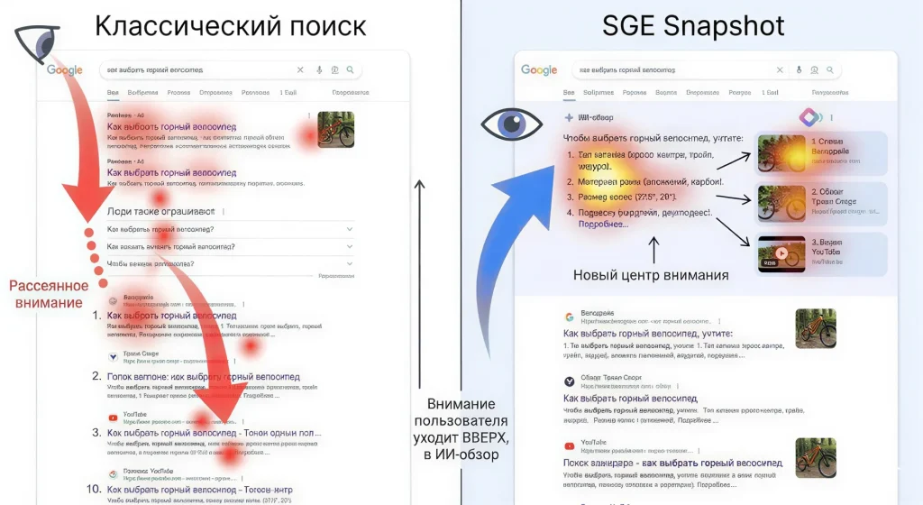 Визуализация разницы между классической поисковой выдачей Google и новыми блоками ответов AI Overviews (SGE) в 2026 году.