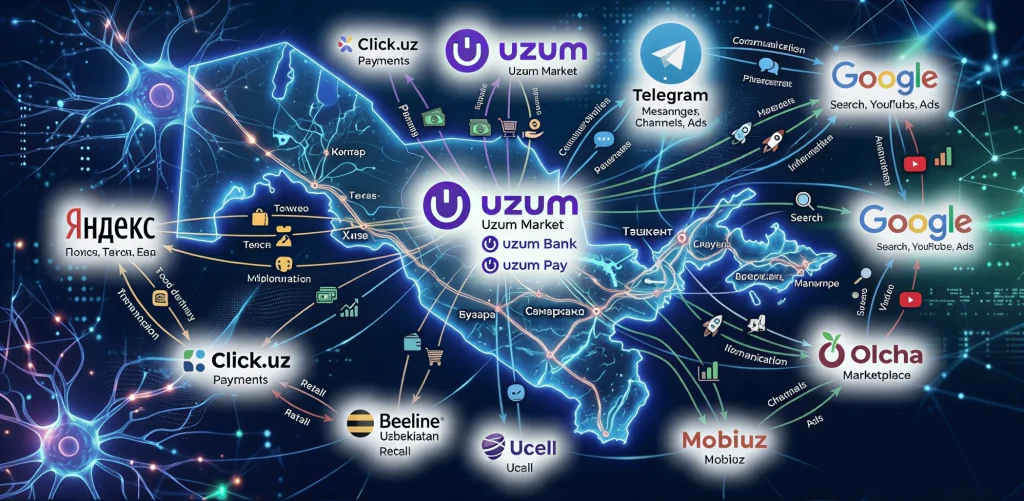 Цифровая экосистема бизнеса в Узбекистане: интеграция Uzum, Telegram и поисковых систем в единую GEO-стратегию.
