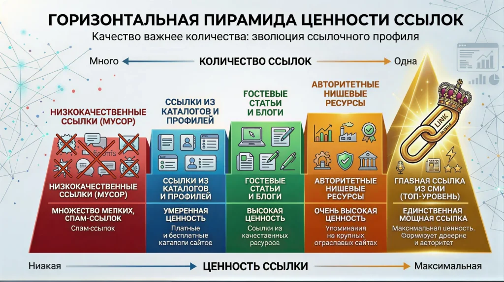 Современная модель качественного линкбилдинга: приоритет авторитетных упоминаний в СМИ и Digital PR над массовой закупкой ссылок.