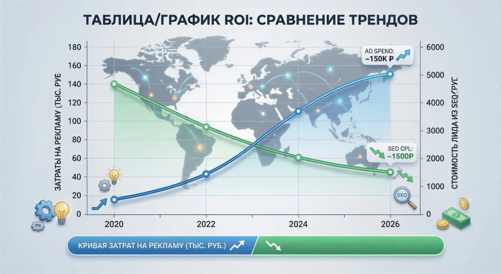График роста окупаемости инвестиций (ROI) в поисковое продвижение и снижение стоимости привлечения лида из органического поиска.
