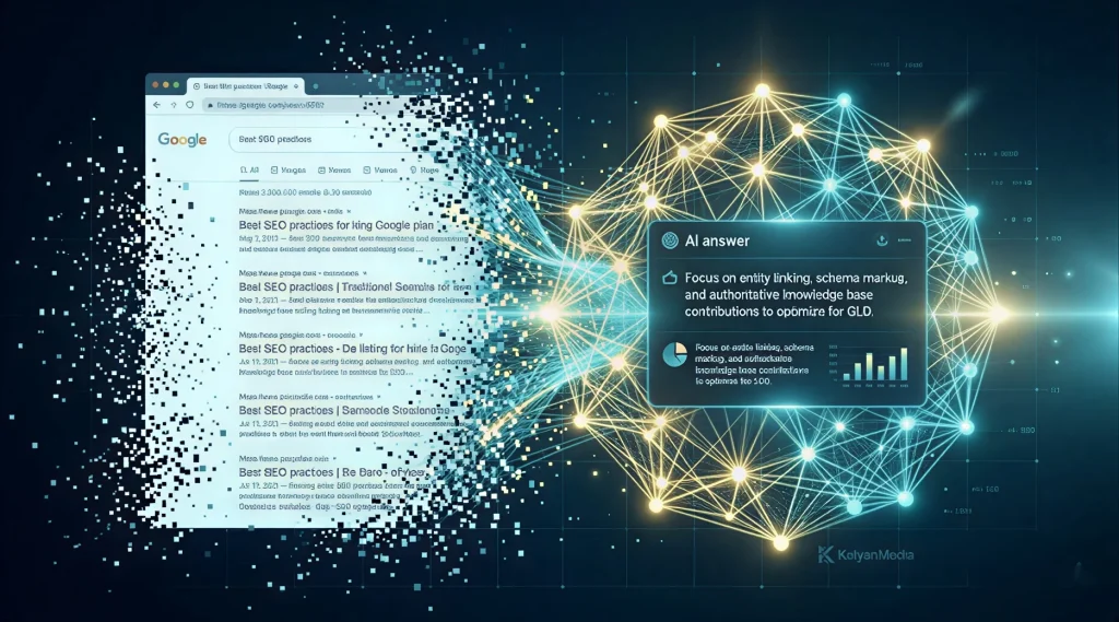 Эволюция интерфейса поиска от классического Google к AI-ассистенту и генеративному поиску GEO в 2026 году.