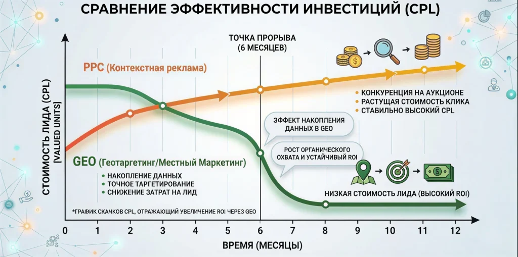 График окупаемости инвестиций: сравнение стоимости лида в контекстной рекламе и долгосрочной GEO-оптимизации.
