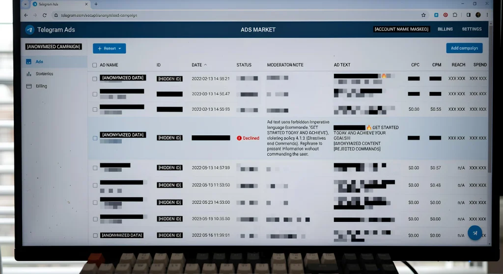 Пример отклоненного рекламного объявления со статусом Declined: разбор жестких правил модерации текстов в Telegram Ads