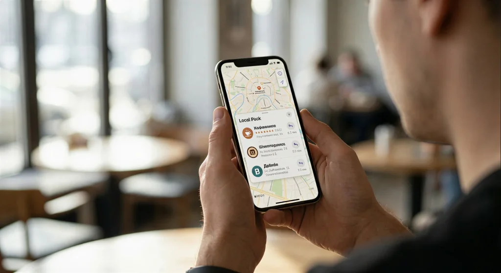 An example of the Local Pack block in Google mobile search results: 70% customers choose companies from the Top 3 on maps