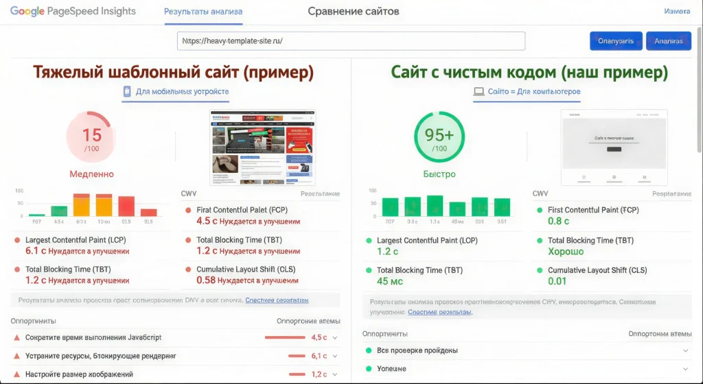 Comparing website loading speeds using a cheap template and custom clean code when creating websites in Uzbekistan