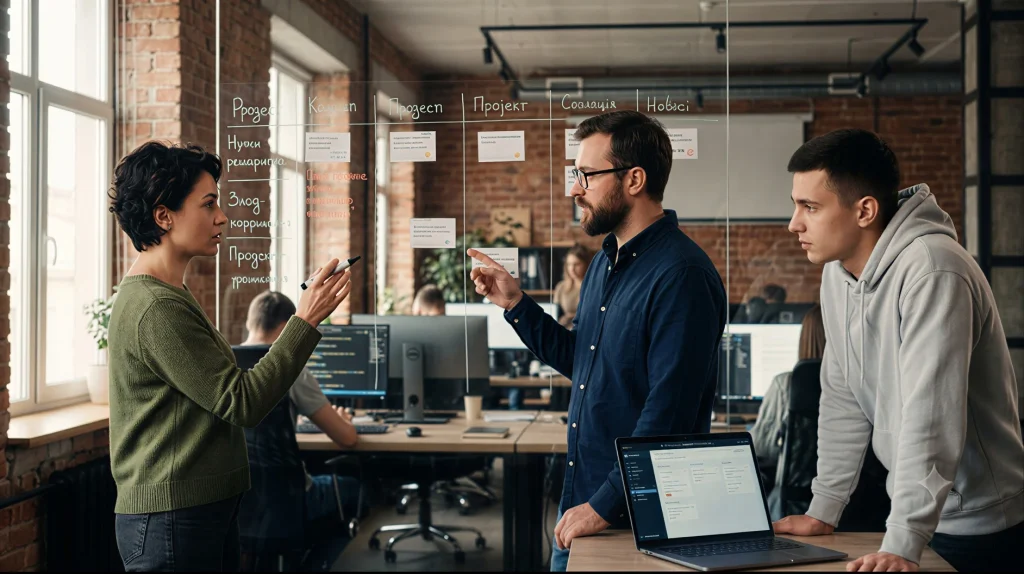 The KelyanMedia performance agency team designs the architecture and logic of an e-commerce project before the development stage.