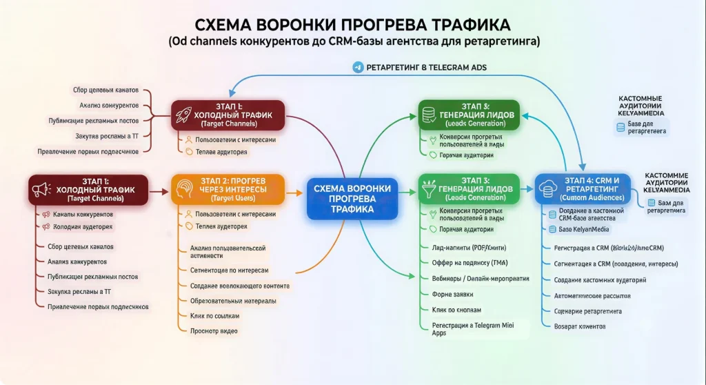Схема архитектуры воронок: точная настройка рекламы в Телеграм в Ташкенте через каналы конкурентов, интересы пользователей и кастомные CRM-базы
