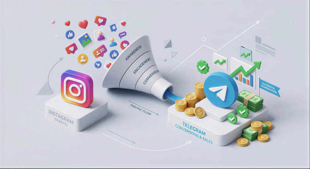 3D illustration: Comparison of profitability and conversion rates of a classic Instagram store and a standalone Telegram bot for e-commerce in Uzbekistan
