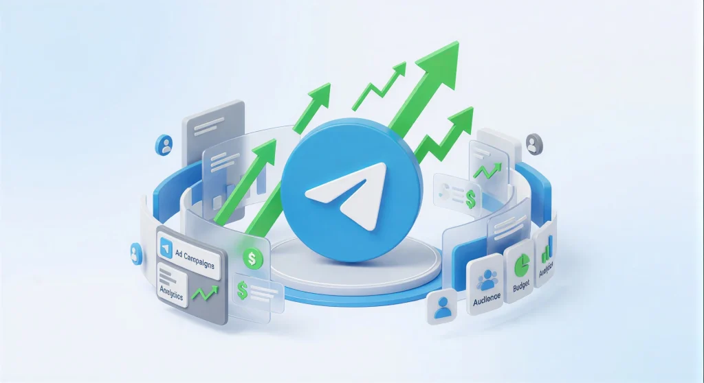 Иллюстрация рекламного кабинета Telegram Ads с графиками роста: запуск официальной таргетированной рекламы в Узбекистане