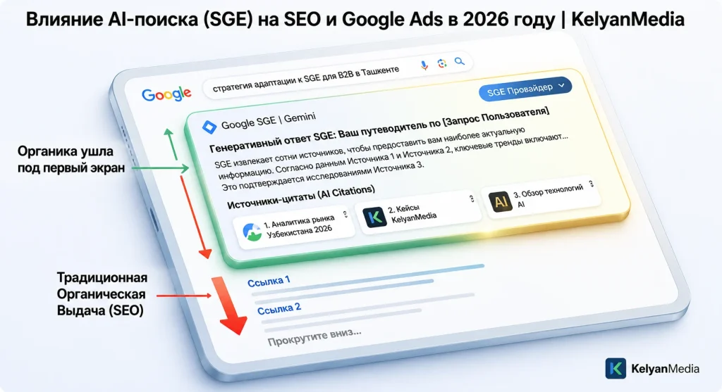 Интерфейс AI-поиска Google SGE с генеративным ответом и смещением органической выдачи вниз