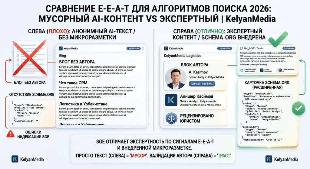 Сравнение качественного E-E-A-T контента с авторами и безликого AI-текста для алгоритмов поисковых систем