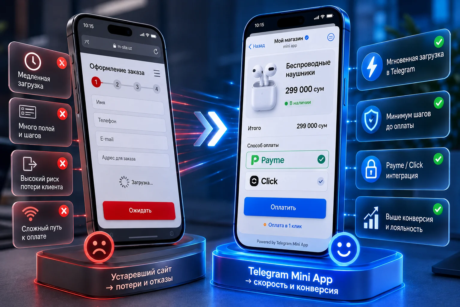 Infographic: Comparison of the Telegram Mini App and Corporate Website Interfaces and Conversion Rates for Businesses in Uzbekistan
