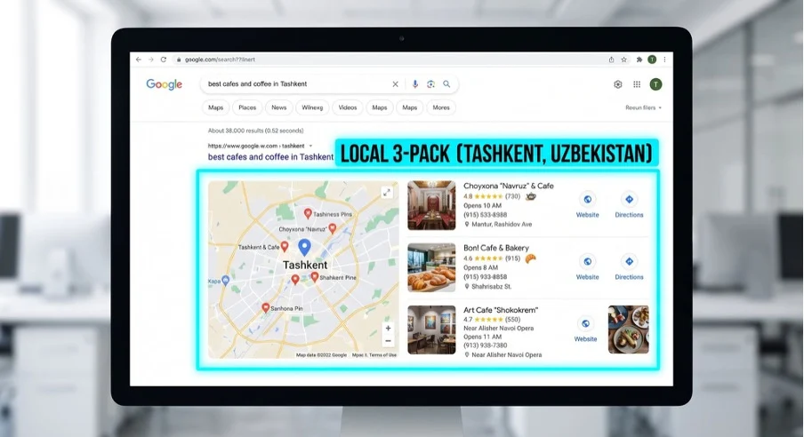 Блок локальной выдачи Google Local 3-Pack на карте Ташкента